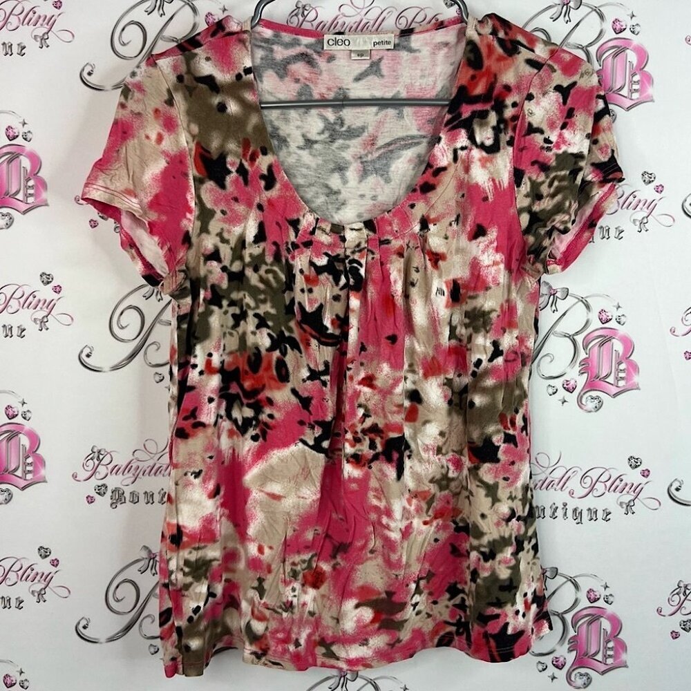 Cleo tshirt pleated detail flowers floral Pink and Black Patterned Blouse